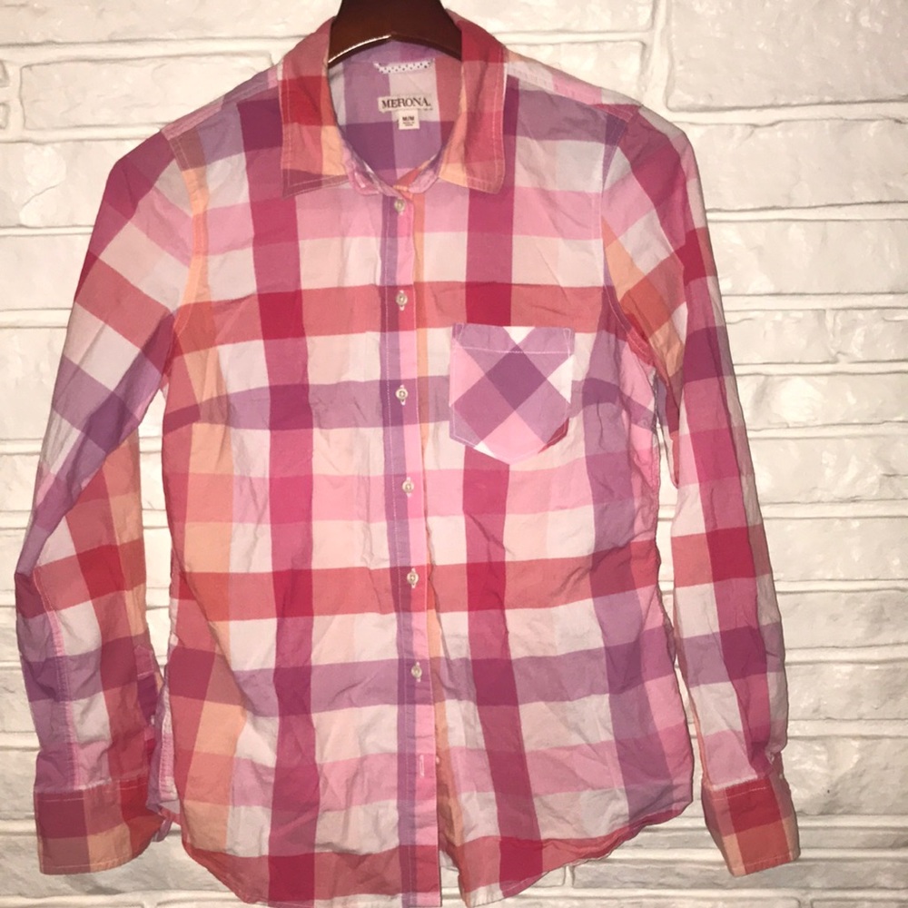 Merona button down pink plaid shirt